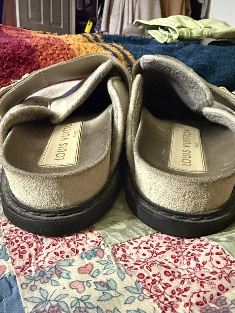 Louis Vuitton Kids Light Gray Monogram Slip-On Clogs with Gold LV Buckles